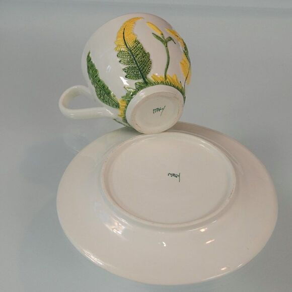 Vintage Italian Cup And Saucer Set Green Garden Ferns And Flower Bud Cottagecore - Picture 7 of 12